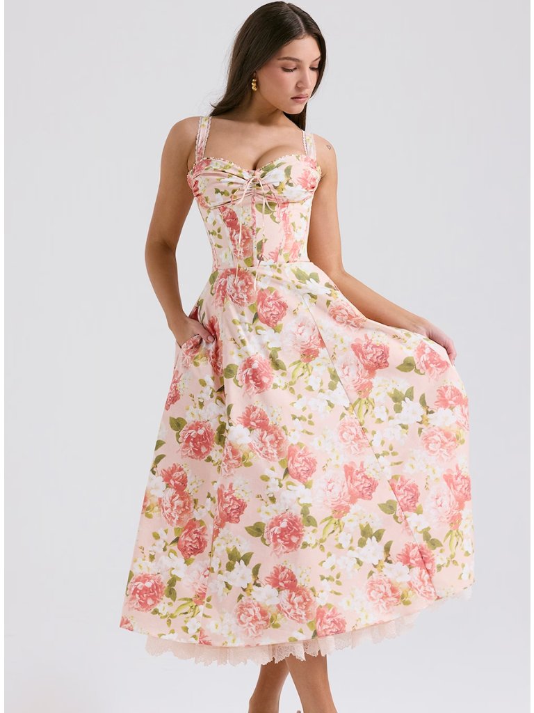House Of Cb Rosalee Pink Peony Print Cotton Bustier Sundress- Size M Reg Cup Nwt
